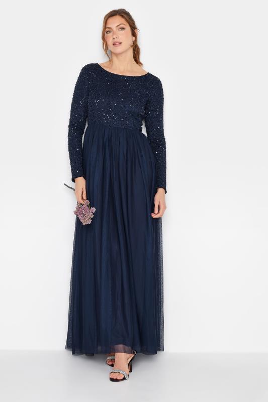  Grande Taille LTS Tall Navy Blue Long Sleeve Sequin Hand Embellished Maxi Dress