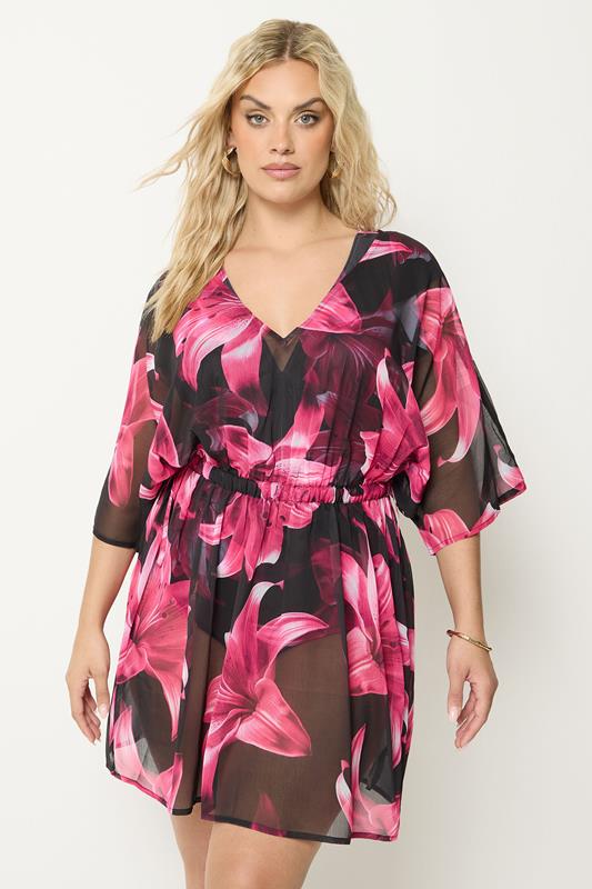  YOURS Curve Black & Pink Mesh Flower Print Beach Kaftan