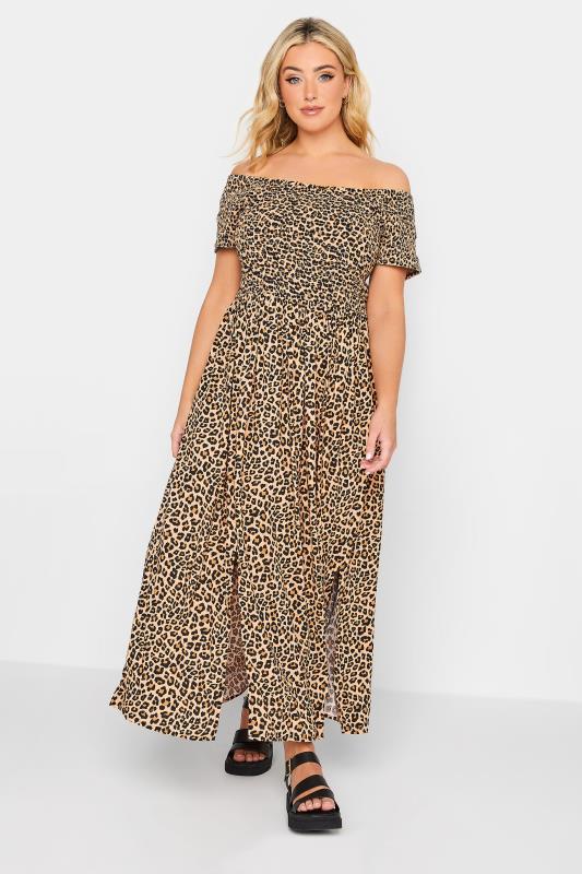 YOURS Curve Plus Size Brown Leopard Print Shirred Maxi Dress | Yours Clothing  2