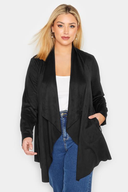 YOURS Plus Size Black Faux Suede Waterfall Jacket | Yours Clothing 1