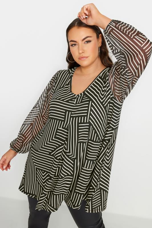  Grande Taille YOURS Curve Black Geometric Print Mesh Swing Top