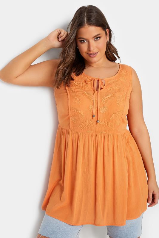 YOURS Plus Size Orange Embroidered Peplum Vest Top | Yours Clothing 2