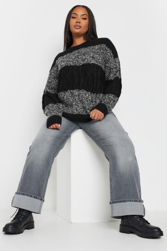 YOURS Plus Size Black & Grey Stripe Cable Twist Jumper | Yours Clothing 3