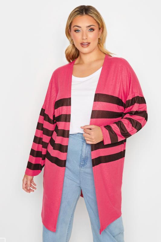 Curve Plus Size Pink & Black Stripe Cardigan | Yours Clothing  1
