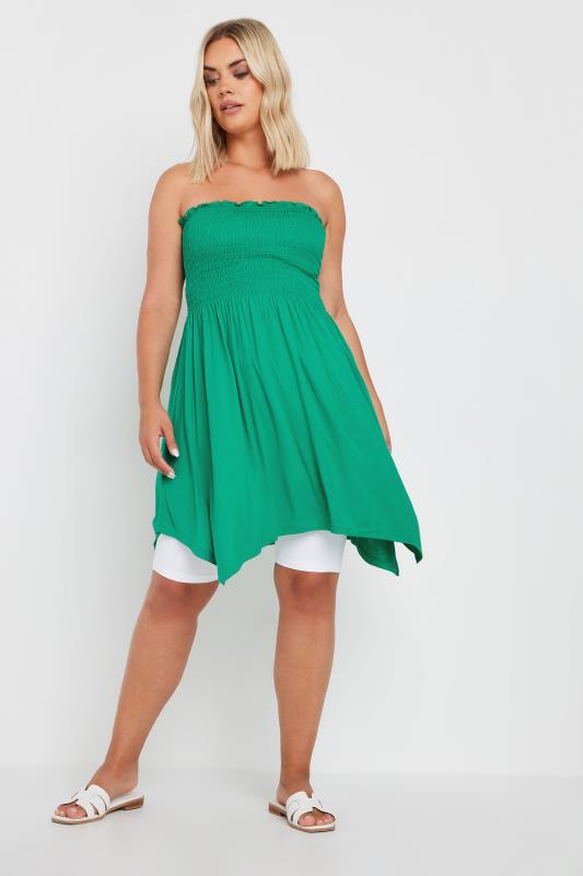 YOURS Plus Size Green Shirred Bandeau Longline Top | Yours Clothing 2