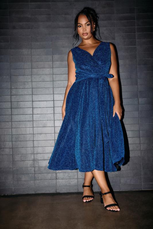 YOURS LONDON Plus Size Blue Metallic Wrap Skater Dress | Yours Clothing 1