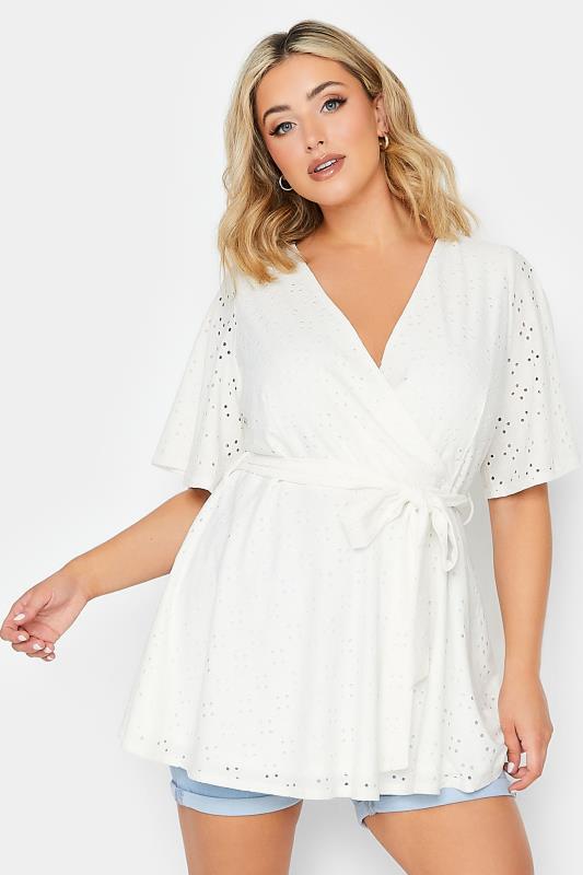 YOURS Curve Plus Size White V-Neck Broderie Wrap Top | Yours Clothing  1