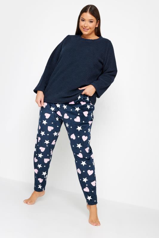 YOURS Plus Size Navy Blue Star & Heart Print Teddy Fleece Lounge Set | Yours Clothing 2
