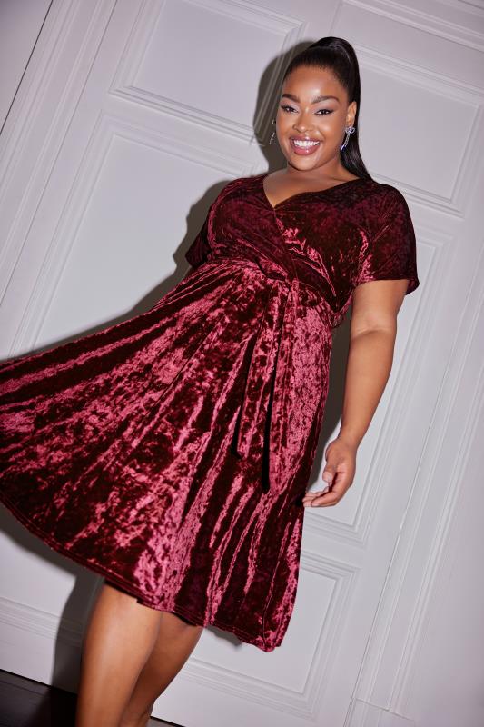 YOURS LONDON Plus Size Wine Red Velvet Wrap Skater Dress | Yours Clothing 1