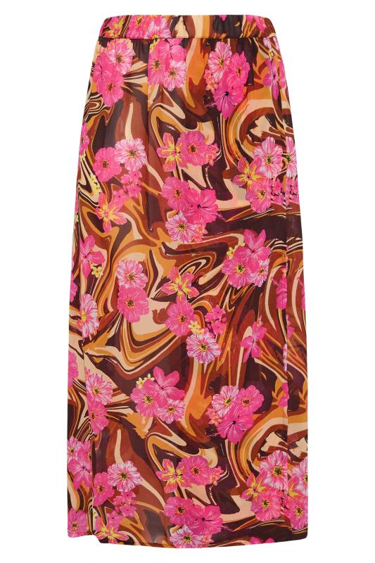 Plus Size Brown Marble Floral Print Side Split Beach Skirt | Yours Clothing 5