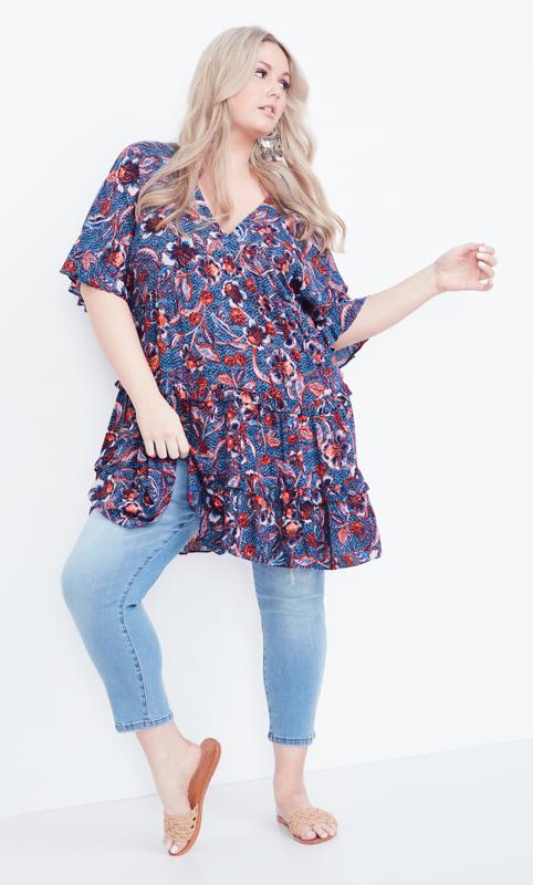  Evans Navy Blue Floral Print V-Neck Frill Tiered Tunic