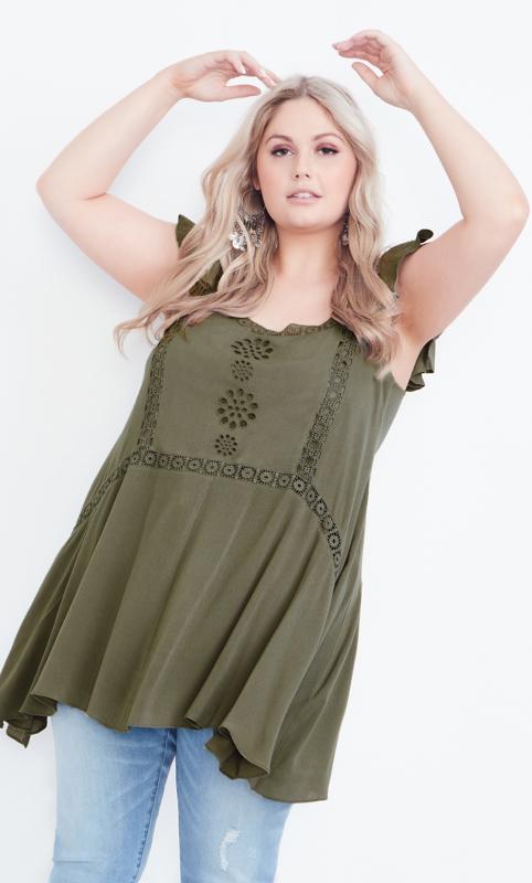 Evans Olive Green Broderie Detail Cap Sleeve Swing Tunic 2