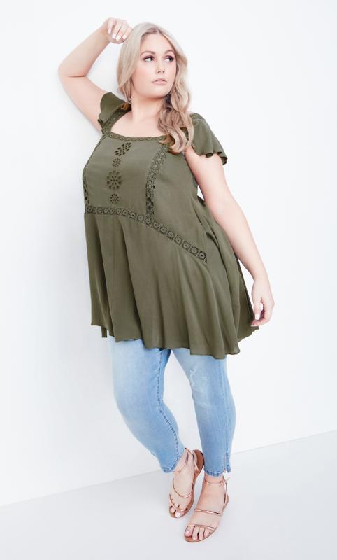 Evans Olive Green Broderie Detail Cap Sleeve Swing Tunic 4