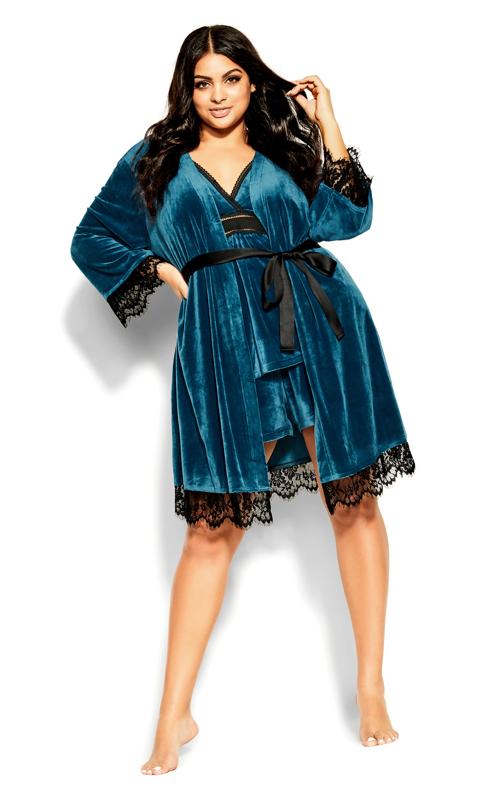 Evans Blue Lace Hem Velour Dressing Gown 1