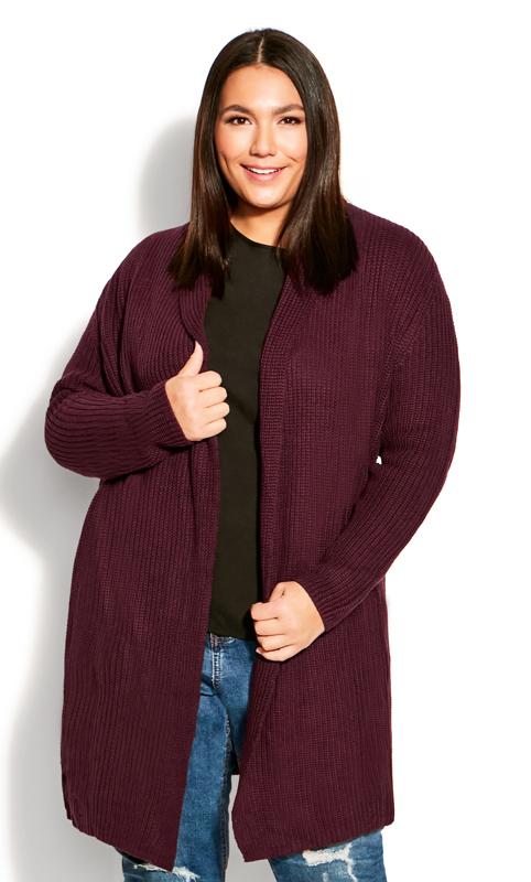 Plus Size  Evans Purple Knitted Long Sleeve Cardigan