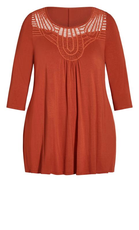Evans Rust Orange Crochet Yoke Longline T-Shirt 6