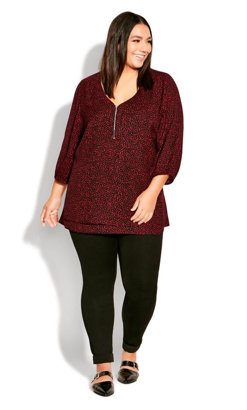 Avenue Red Abstract Print Zip Front Top 1