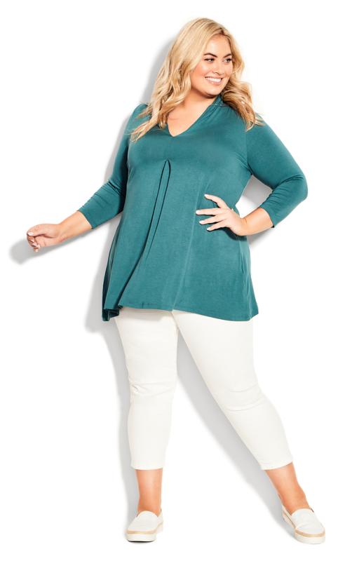 Evans Teal Green Long Sleeve Pleat Front Top 1
