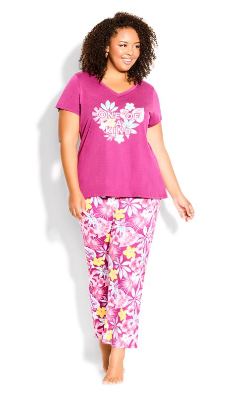  Tallas Grandes Avenue Pink 'One Of A Kind' Slogan Floral Print Pyjama Top