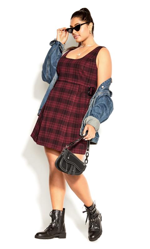  Grande Taille City Chic Dark Red Check Print Pinafore Dress
