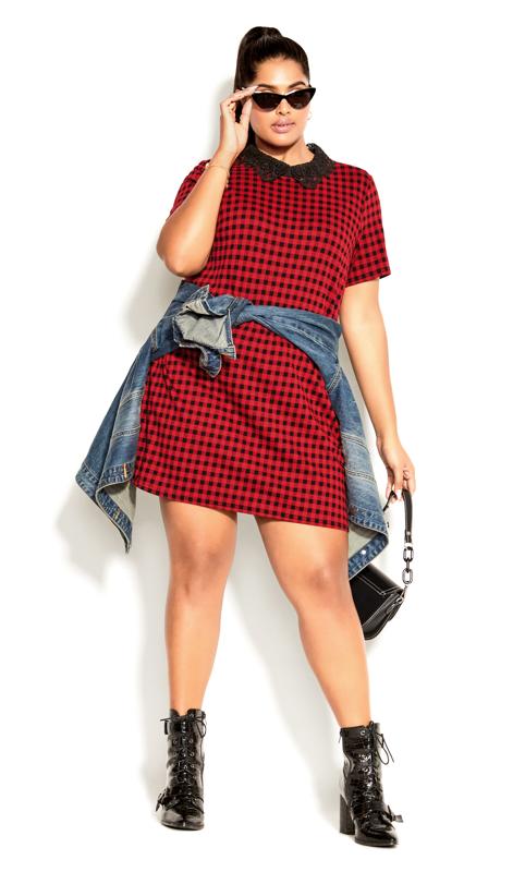 Plus Size  Evans Red Check Lace Collar Mini Dress