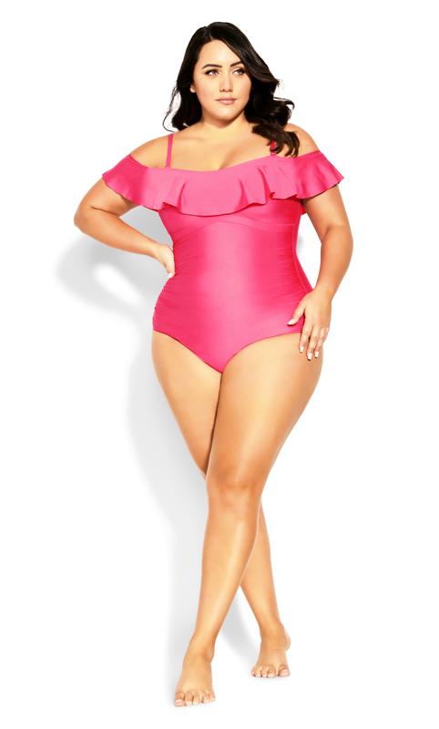 Plus Size  Evans Pink Frill Bardot Swimsuit
