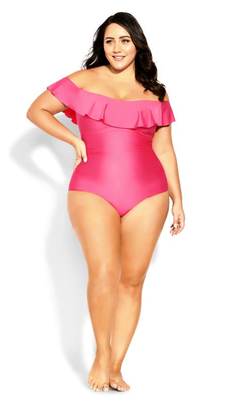 Evans Pink Frill Bardot Swimsuit 3