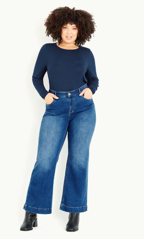 Plus Size  Evans Blue Mid Wash Denim Curve Fit Wide Leg Jeans