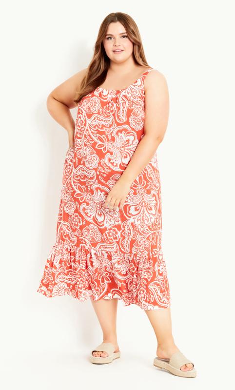 Plus Size  Evans Orange & White Paisley Floral Print Frill Hem Midi Dress