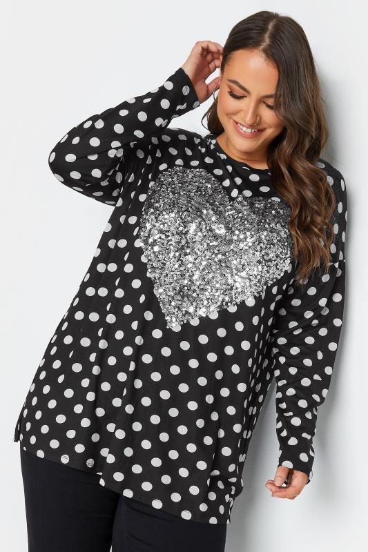 YOURS Curve Plus Size Black & Silver Sequin Polka Dot Top | Yours Clothing  1