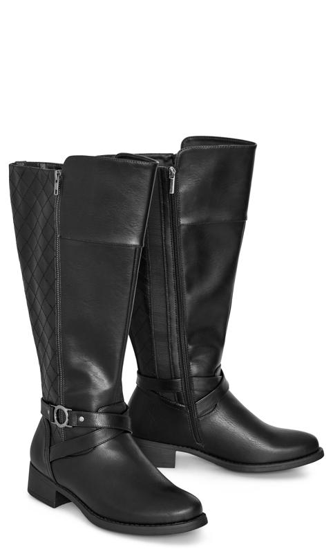 Evans Black WIDE FIT Quilted Buckle Knee High Boots 6