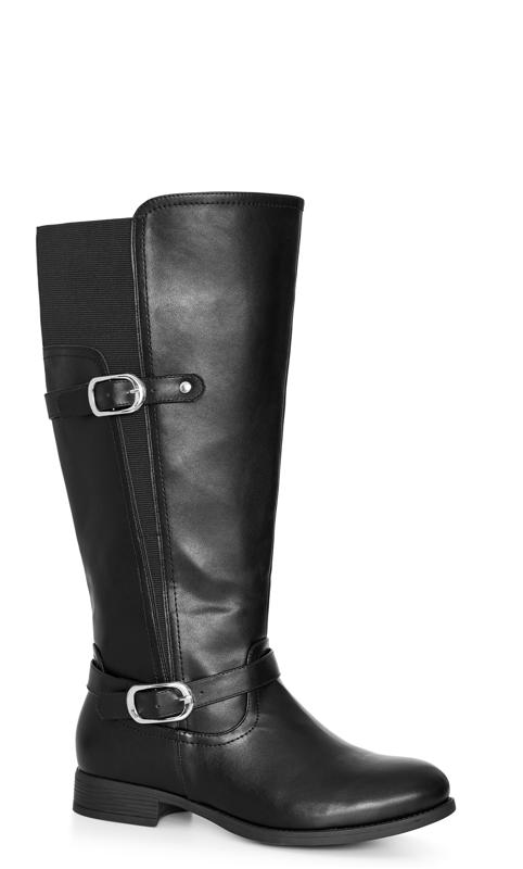 Plus Size  Evans Black WIDE FIT Faux Leather Buckle Detail Knee Hight Boots