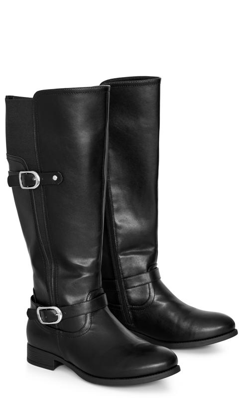 Evans Black WIDE FIT Faux Leather Buckle Detail Knee Hight Boots 6