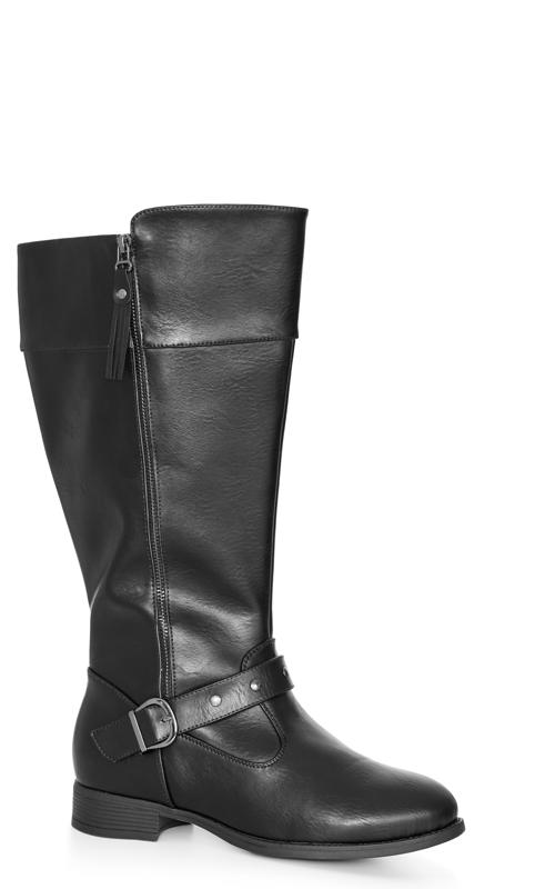Plus Size  Evans Black Faux Leather Zip Knee High Boots