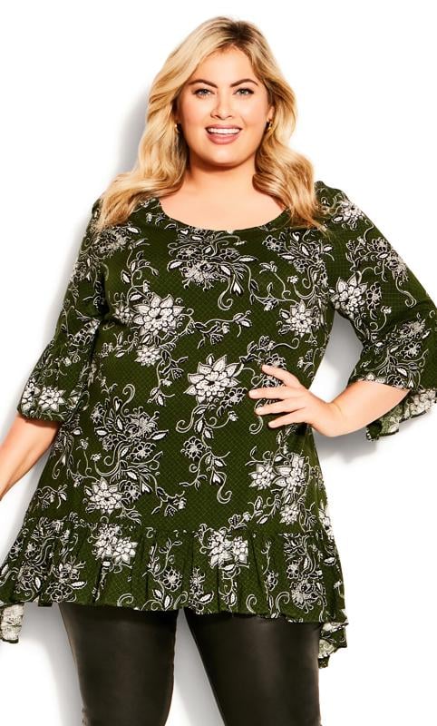 Evans Green Floral Print Frill Hem Top 1