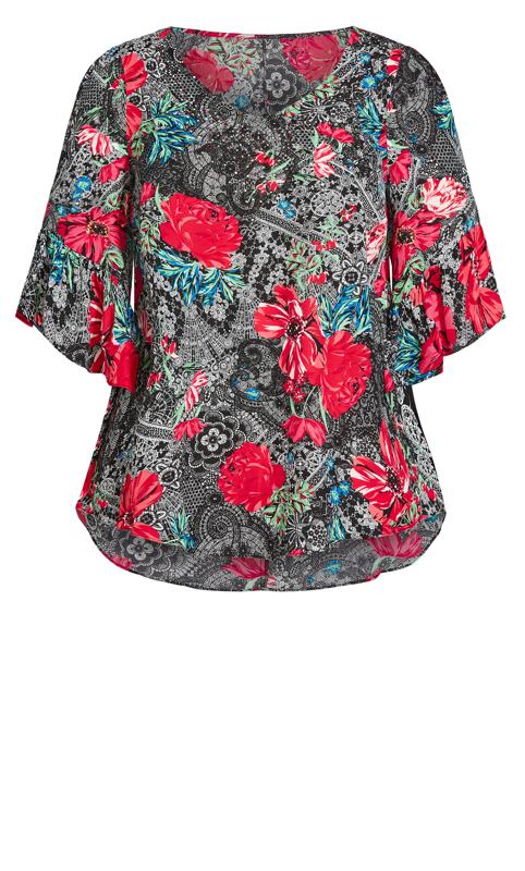 Evans Grey & Red Floral & Paisley Print Frill Smock Top 6