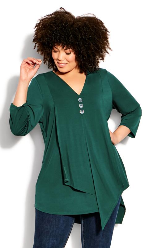 Sadie V-Neck Button Front 3/4 Sleeve Ivy Green Tunic  2