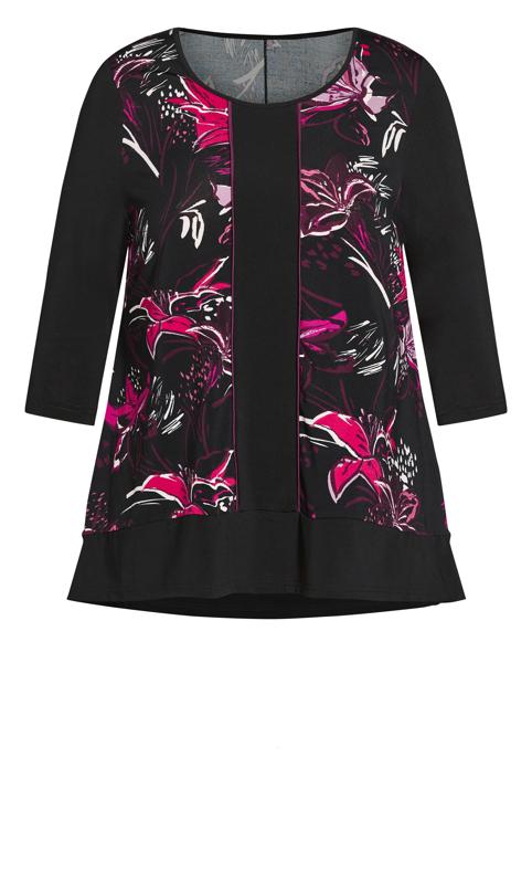 Evans Black & Pink Floral Print Panel Long Sleeve Top 5
