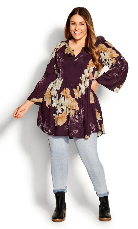 Plus Size  Evans Purple Floral Pleated Shirt