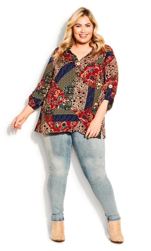  Grande Taille Avenue Red Patchwork Print Statement Button Blouse