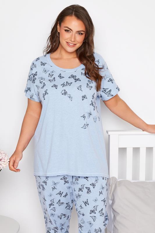 Plus Size Blue Butterfly Print Dipped Hem Pyjama Top | Yours Clothing  1