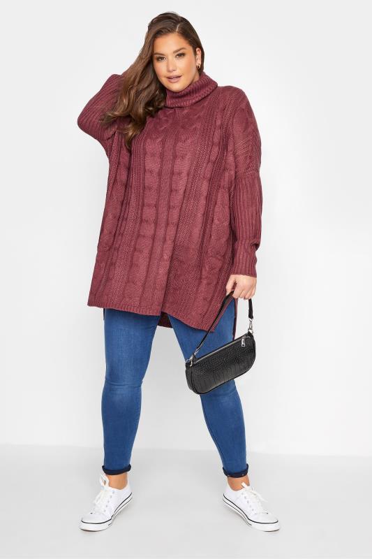 Curve Burgundy Red Cable Knit Roll Neck Jumper 2