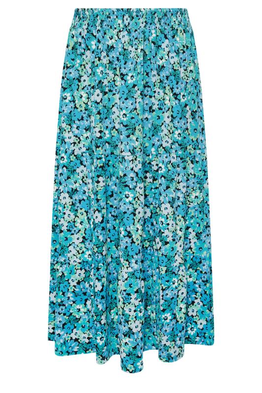 YOURS Plus Size Blue Floral Print Textured Tiered Maxi Skirt | Yours Clothing 4