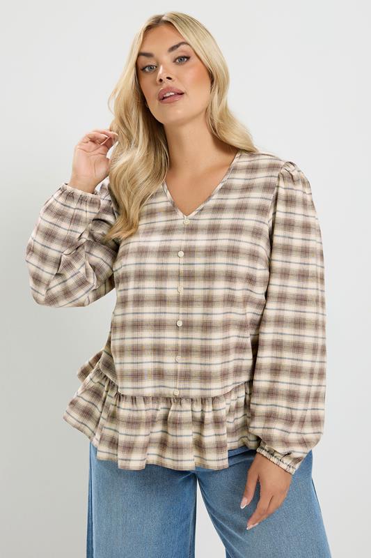YOURS Plus Size Light Brown Check Peplum Top | Yours Clothing