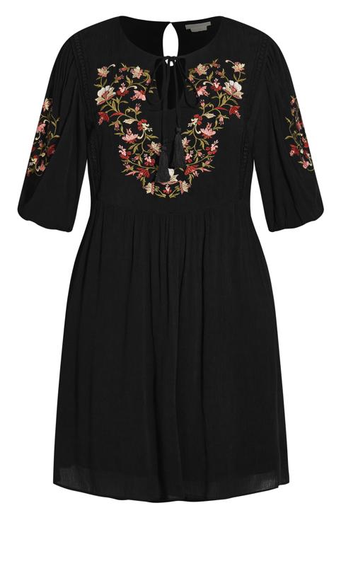 Goddess Embroidered Puff Sleeve Black Dress 4