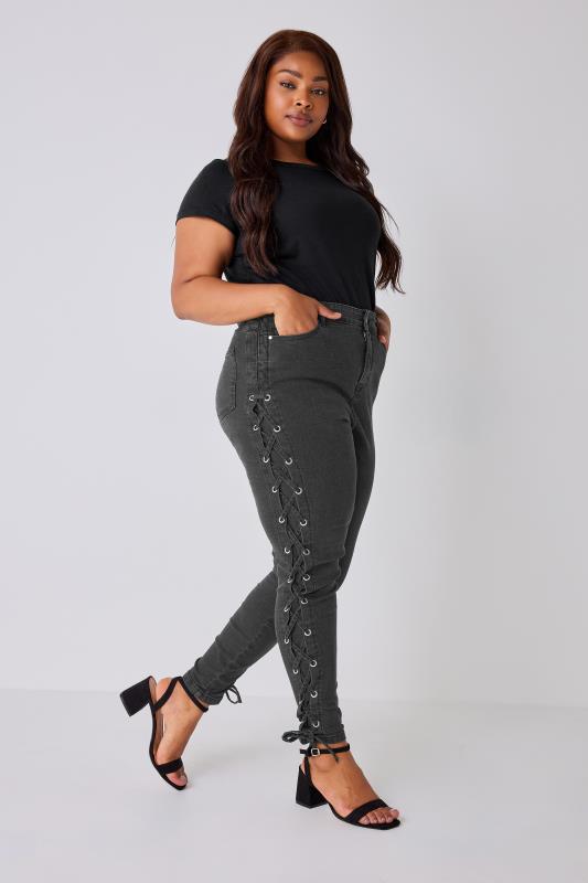 YOURS Plus Size Black Lace Up Detail Skinny AVA Jeans | Yours Clothing 9