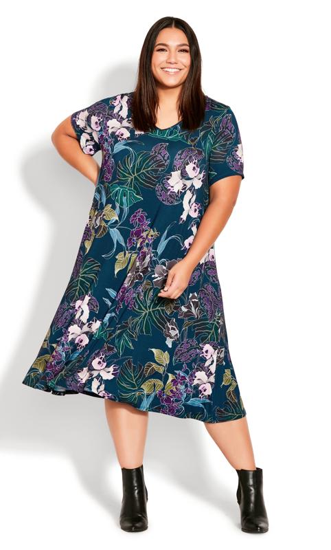 Plus Size  Evans Green Floral Print V-Neck Swing Dress