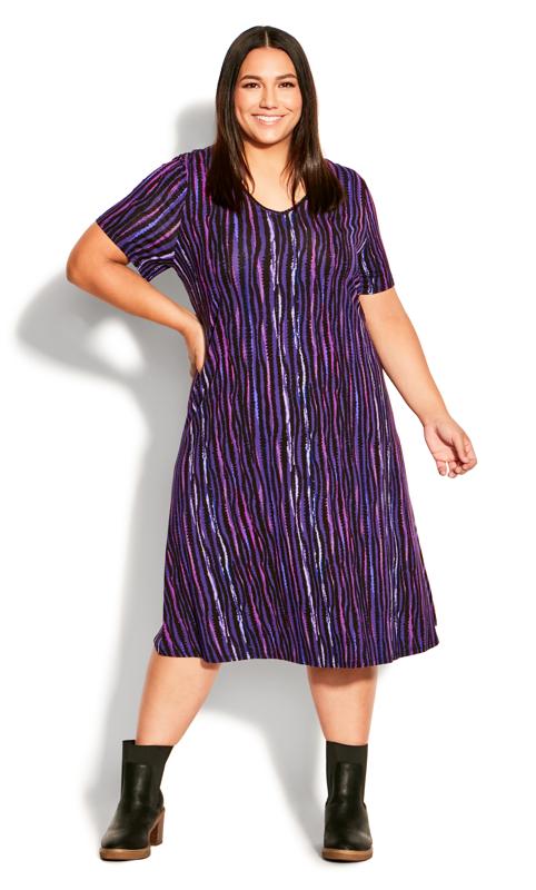 Plus Size  Evans Purple V-Neck Stripe Print Swing Dress (wrong images)
