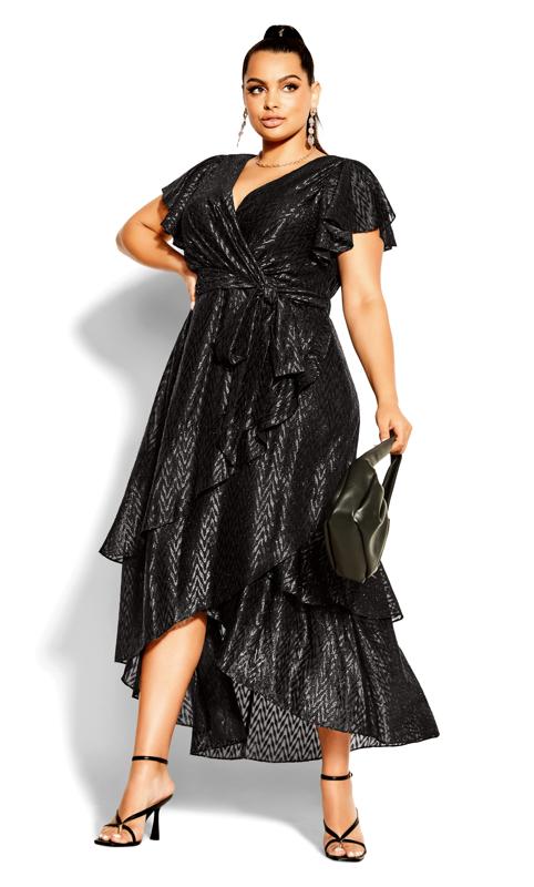 Plus Size  City Chic Black Glitter Ruffle Tiered Wrap Maxi Dress