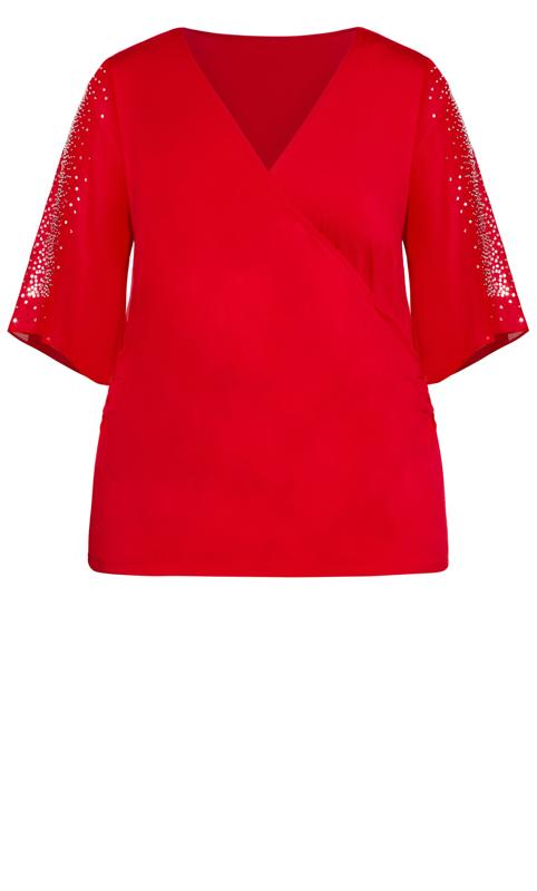 Wrap V-Neck Bling Semi Sheer Sleeve Ruby Red Top 5